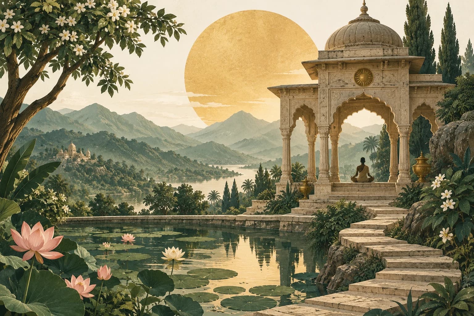 An illustrated lotus pond and quiet pavilion beneath a golden sun